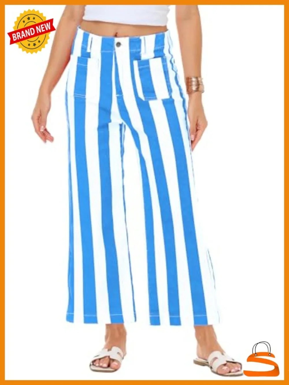 Striped High Rise Wide Leg Cropped Stretchy Denim Jeans with Pockets